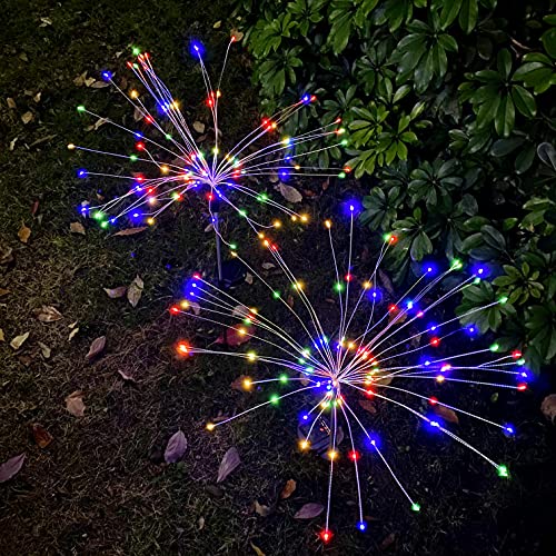 2 Pack Solar Garden Lights, 120 LED Solar Firework Lights Outdoor, Decorative Stake String Lights for Walkway Backyard Pathway Patio Christmas Wedding Party (2, Colorful)