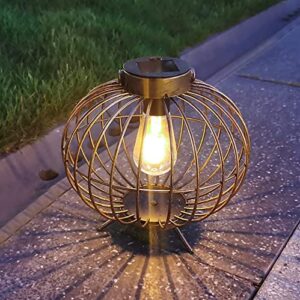 pearlstar solar lantern outdoor hanging lights 8″ metal copper solar powered table lamp with edison bulb waterproof for yard tabletop patio porch garden decoration