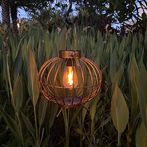 pearlstar Solar Lantern Outdoor Hanging Lights 8" Metal Copper Solar Powered Table Lamp with Edison Bulb Waterproof for Yard Tabletop Patio Porch Garden Decoration