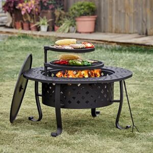 fissfire 36 inch outdoor fire pits, wood burning firepit with 2 bbq grill & lid, metal round table for bonfire patio backyard garden camping beach