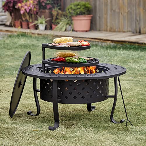 fissfire 36 Inch Outdoor Fire Pits, Wood Burning Firepit with 2 BBQ Grill & Lid, Metal Round Table for Bonfire Patio Backyard Garden Camping Beach