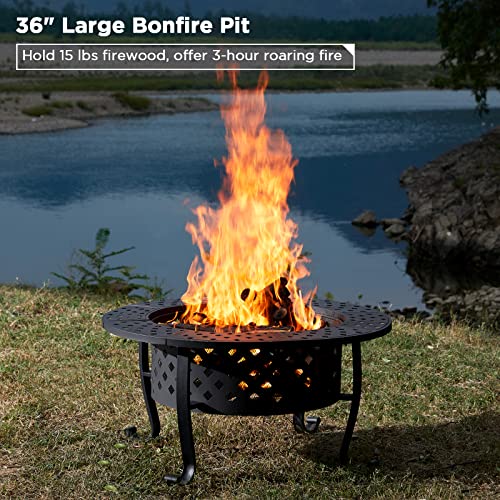 fissfire 36 Inch Outdoor Fire Pits, Wood Burning Firepit with 2 BBQ Grill & Lid, Metal Round Table for Bonfire Patio Backyard Garden Camping Beach
