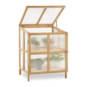 mcombo 2 tier foldable cold frame greenhouse, portable wooden greenhouse garden cold frame raised planter box with shelves, 0122 (natural)