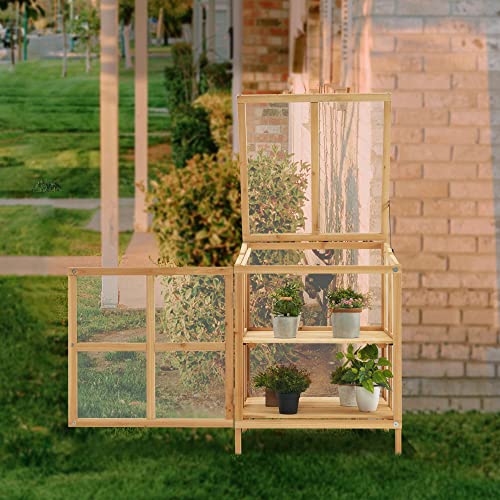 MCombo 2 Tier Foldable Cold Frame Greenhouse, Portable Wooden Greenhouse Garden Cold Frame Raised Planter Box with Shelves, 0122 (Natural)