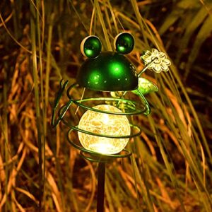 garden solar lights pathway outdoor frog beetle dragonfly owl crackle glass globe stake metal lights,waterproof warm white led for lawn,patio or courtyard (frog)
