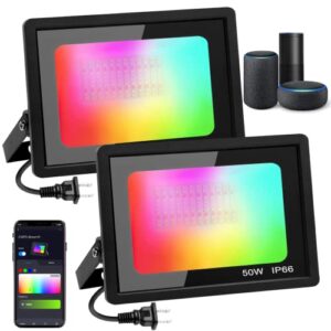 outdoor rgb 50w led flood lights – ip66 waterproof colored changing 500w equiv spotlight dimmable halloween strobe lights with plug outside smart wifi color alexa floodlight for party garden 丨 2 pack