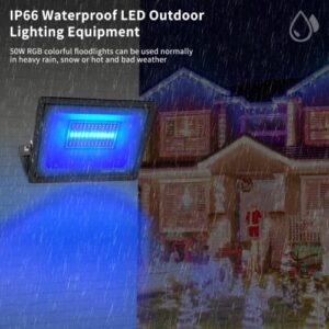 Outdoor RGB 50W LED Flood Lights - IP66 Waterproof Colored Changing 500W Equiv Spotlight Dimmable Halloween Strobe Lights with Plug Outside Smart WiFi Color Alexa Floodlight for Party Garden 丨 2 Pack