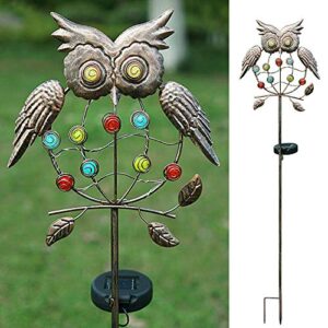 decorman outdoor solar light stake – solar powered metal owl led decorative garden lights for walkway, pathway, yard, lawn (rusty brown)