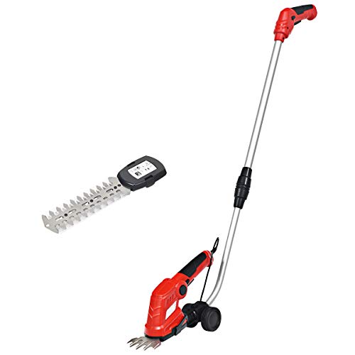 Goplus 7.2V Cordless Grass Shear + Hedge Trimmer w/ Wheeled Extension Pole and Rechargeable Battery