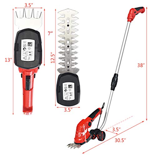 Goplus 7.2V Cordless Grass Shear + Hedge Trimmer w/ Wheeled Extension Pole and Rechargeable Battery