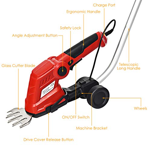 Goplus 7.2V Cordless Grass Shear + Hedge Trimmer w/ Wheeled Extension Pole and Rechargeable Battery