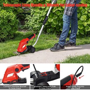 Goplus 7.2V Cordless Grass Shear + Hedge Trimmer w/ Wheeled Extension Pole and Rechargeable Battery