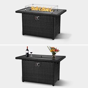 44 in Propane Gas Fire Table Auto-Ignition 50,000BTU， Rectangle Woven Rattan Fire Pit for Outside Patio Garden Deck & Backyard，with Lid and Blue Glass Beads, Glass Wind Guard,CSA Approved（Brown）