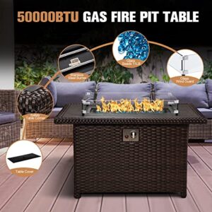 44 in Propane Gas Fire Table Auto-Ignition 50,000BTU， Rectangle Woven Rattan Fire Pit for Outside Patio Garden Deck & Backyard，with Lid and Blue Glass Beads, Glass Wind Guard,CSA Approved（Brown）