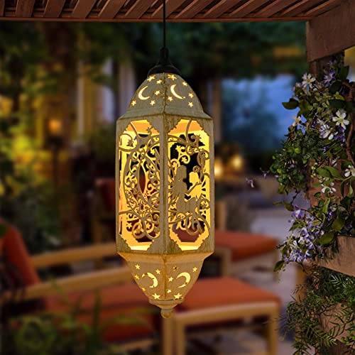 Outdoor Solar Lanterns Waterproof Hanging Garden Decor LED Metal Moon Star Fairy Solar Lanterns Fairy Solar Lights for Table,Patio,Balcony,Yard Decor,Christmas,Party,Birthday Gifts for Mom(White)