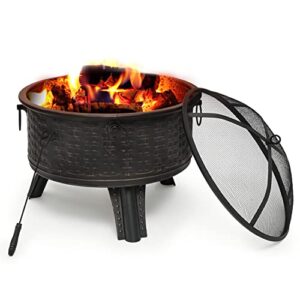 monibloom 26″ round fire pit wood burning bonfire firebowl outdoor portable steel firepit with spark screen cover and poker for backyard garden bonfire bbq, black