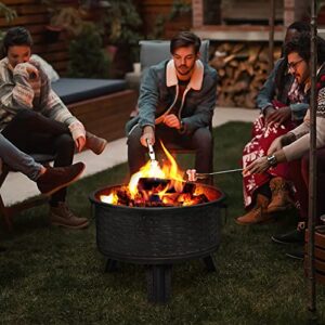 MoNiBloom 26" Round Fire Pit Wood Burning Bonfire Firebowl Outdoor Portable Steel Firepit with Spark Screen Cover and Poker for Backyard Garden Bonfire BBQ, Black