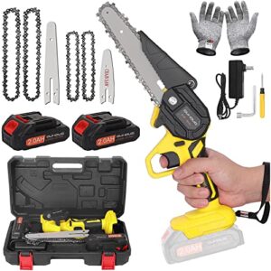mini chainsaw cordless 6 inch, handheld chainsaw with replacement 4inch and 6inch guide plates, small chainsaw with 2 batteries 4 chains for cutting wood, tree trimming, garden pruning