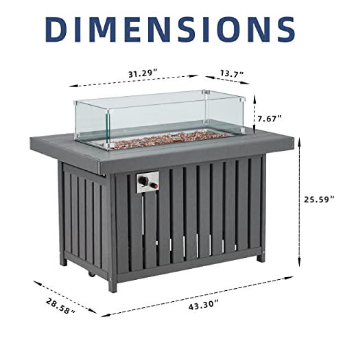 Propane Fire Pit Table 50,000 BTU 43" Outdoor Gas Table with Automatic Ignition and Tempered Glass Windshield for Porch, Patio, Yard, Garden