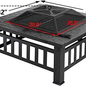 JupiterForce 32" Outdoor Metal Fire Pit Square Metal Firepit Stove for Backyard, Patio, Garden, Bonfire, Camping and Picnic with Rainproof Cover, Black