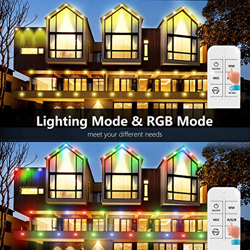 Nuoante Permanent Outdoor Lights, RGB+WW Multicolor 36ft 15 LED Eaves Decor Lights with Remote Control, Warm White Pathway String Lights IP67 Waterproof for Housing Garden Walkway Decoration