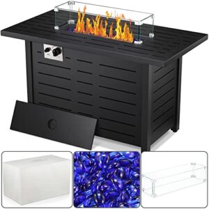xbeauty fire pit table 43″ outdoor gas fire pit table with lid, rain cover, tempered glass wind guard for outside garden backyard deck patio