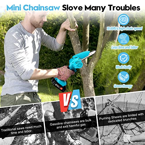 Mini Chainsaw Cordless 6 Inch With 2 Battery, Small Chainsaw Battery Operated 21V 2000mAh, Battery Powered Chainsaw Cordless 2.6Lb 2 Chains For Tree Branches, Courtyard, Household, Garden