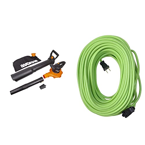 Worx 12 Amp 3-in-1 Corded Electric Leaf Blower/Mulcher/Vacuum & Outdoor Garden 120-Foot Extension Cord, Lime Green