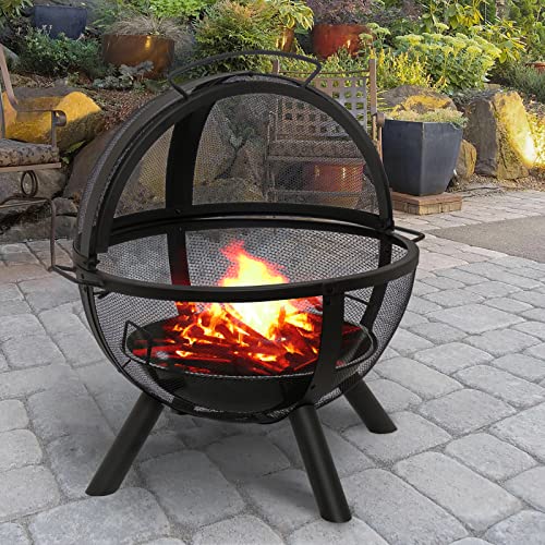 Catalina Creations Heavy Duty Round Fire Pit with Removable BBQ Grill and Mesh Spark Screen Outdoor Wood Burning Firepit Steel Firepit Bowl for Garden Bonfire Camping Picnic - Black