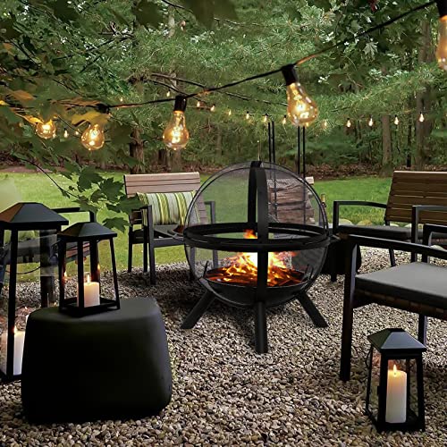 Catalina Creations Heavy Duty Round Fire Pit with Removable BBQ Grill and Mesh Spark Screen Outdoor Wood Burning Firepit Steel Firepit Bowl for Garden Bonfire Camping Picnic - Black