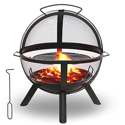 Catalina Creations Heavy Duty Round Fire Pit with Removable BBQ Grill and Mesh Spark Screen Outdoor Wood Burning Firepit Steel Firepit Bowl for Garden Bonfire Camping Picnic - Black