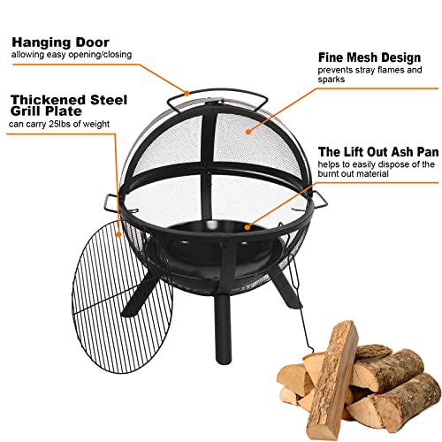 Catalina Creations Heavy Duty Round Fire Pit with Removable BBQ Grill and Mesh Spark Screen Outdoor Wood Burning Firepit Steel Firepit Bowl for Garden Bonfire Camping Picnic - Black