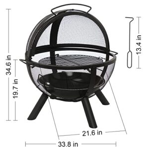 Catalina Creations Heavy Duty Round Fire Pit with Removable BBQ Grill and Mesh Spark Screen Outdoor Wood Burning Firepit Steel Firepit Bowl for Garden Bonfire Camping Picnic - Black