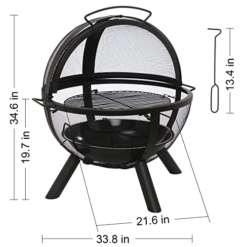 Catalina Creations Heavy Duty Round Fire Pit with Removable BBQ Grill and Mesh Spark Screen Outdoor Wood Burning Firepit Steel Firepit Bowl for Garden Bonfire Camping Picnic - Black