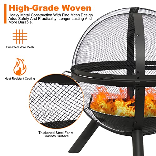 Catalina Creations Heavy Duty Round Fire Pit with Removable BBQ Grill and Mesh Spark Screen Outdoor Wood Burning Firepit Steel Firepit Bowl for Garden Bonfire Camping Picnic - Black