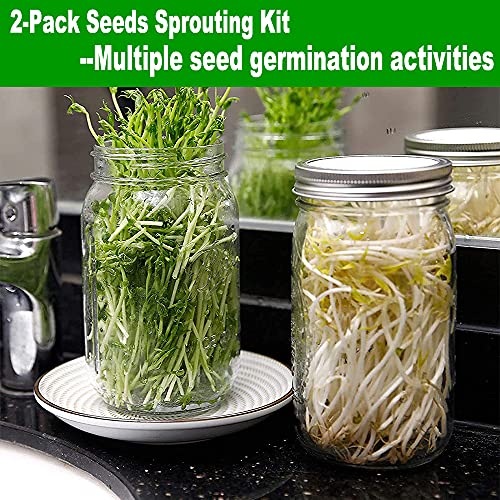 Seeds Sprouting Kit, 2-Pack Mason Jar Germination Growing Kit with Stainless Steel Mesh Lids and Stands, Wide Mouth Jars Germinator, Indoor Seed Sprouter Set for Broccoli Beans Microgreens Sprouts