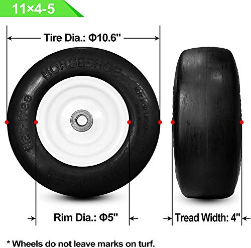 N12 2 New HORSESHOE 11x4.00-5 Flat Free Smooth Tires w/Steel Rim for Zero Turn Lawn Mower Garden Tractor - Hub length 3inch-5inch with 3/4inch OD Axle Shaft 114005 T161