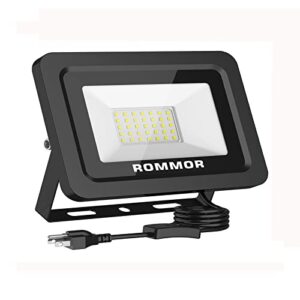 rommor 60w led flood light, 6000lm ip66 ul approved plug waterproof outdoor led daylight white floodlight for yard, garden, garages, front porches and more(60w*1pack)