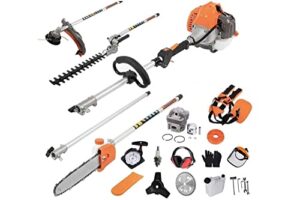 63cc 5 in 1 high strength long handle multi-positional chain trimmer head chainsaw | brush cutter | hedge trimmer| 6t blade | 5-point blade repair kit use for garden indoor & outdoor