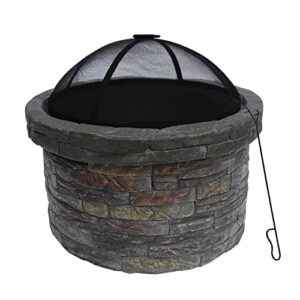 teamson home concrete round charcoal and wood burning fire pit for outdoor patio garden backyard with spark screen, fireplace poker, grate, and bbq grill, 27 inch length, natural stone