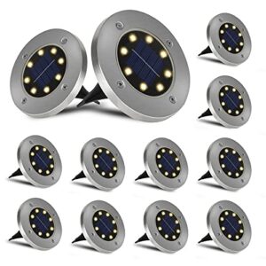 exmate solar ground lights 12pack, 8 led solar garden lights outdoor disk lights waterproof landscape lighting for lawn, pathway, yard, driveway, step and walkway(warm white)