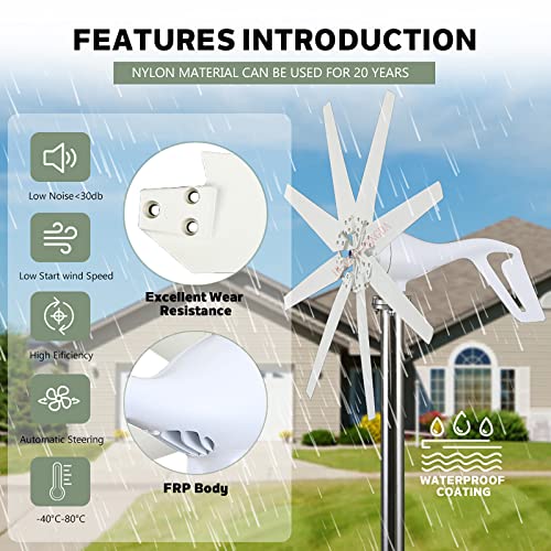 Vertical Garden Wind Turbine Generator, 2000W DC 12V 24V 48V Wind Turbine with Charge Controller for Home Or Industrial Energy(White),24v