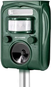 pestguru solar animal repeller, 2022 ultrasonic mole repellent, rat, squirrel, deer, raccoon, skunk, rabbit, mole, dog, cat, waterproof with motion detector, usb rechargeable, flashing light (green)