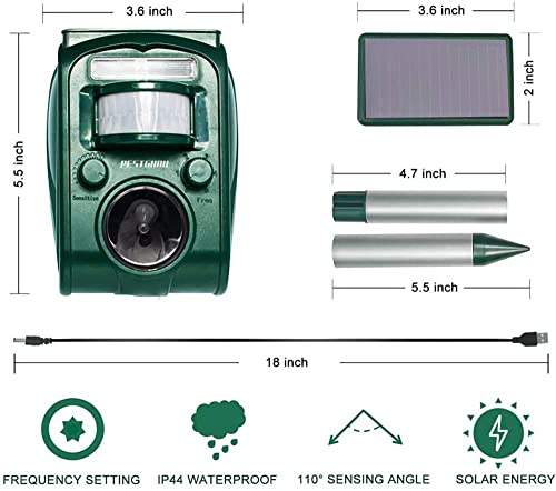 PESTGURU Solar Animal Repeller, 2022 Ultrasonic Mole Repellent, Rat, Squirrel, Deer, Raccoon, Skunk, Rabbit, Mole, Dog, Cat, Waterproof with Motion Detector, USB Rechargeable, Flashing Light (Green)