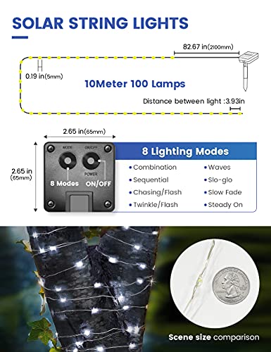 Solar Lights Outdoor, Solar String Lights Outdoor, Bryopath Solar Xmas Tree Lights Waterproof Copper Wire 33ft 100 LEDs Solar Fairy Lights for Garden Yard Party Christmas Decoration, Daylight White