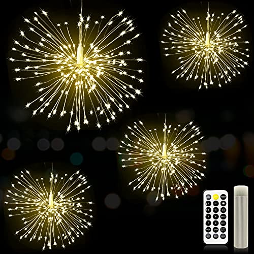 Firework Lights - MUSUNIA 120 LED Copper Wire Starburst Light, with Rechargeable Power Bank, 8 Remote Control Modes, 4 Piece Set of Christmas Party Garden Decoration