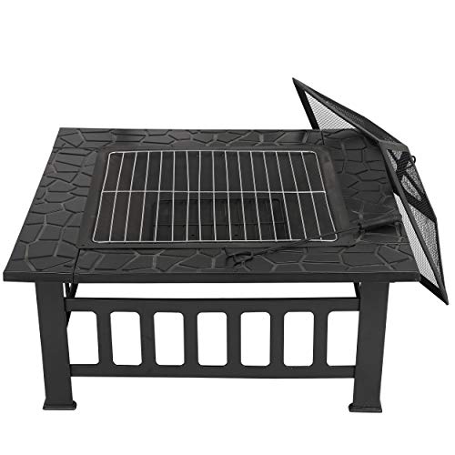 HomGarden 32" Fire Pit Outdoor Patio Square Metal Heater Deck Firepit Backyard Garden Home Stove Burning Fireplace w/Spark Screen,Poker,Cover,Grill