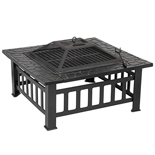 HomGarden 32" Fire Pit Outdoor Patio Square Metal Heater Deck Firepit Backyard Garden Home Stove Burning Fireplace w/Spark Screen,Poker,Cover,Grill