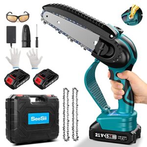 mini chainsaw cordless, seesii electric chainsaw 6 inch with 2 super powered batteries, battery powered chainsaw with automatic oiler for tree branch pruner wood cutting【gardening tools set】