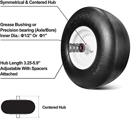 HORSESHOE New Commercial Solid 13x5.00-6 Flat Free Smooth Tire w/Steel Wheel for Riding Lawn Mower (Deck 36"-68") Garden Tractor - Center hub 3.25"-5.9" - Bore ID 1/2" 135006 (2)